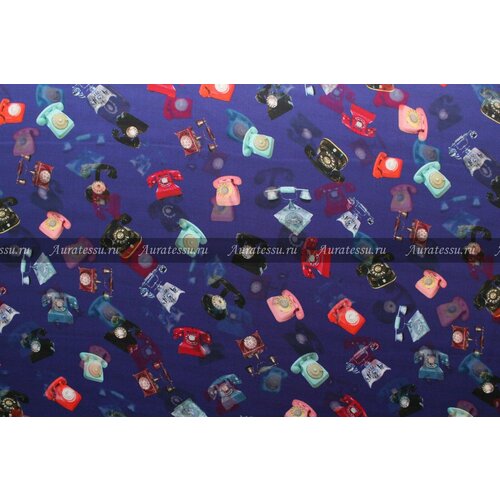 Ткань Шёлк-атлас D&aG сине-фиолетовый с ретро телефонами, ш138см, 0,5 м