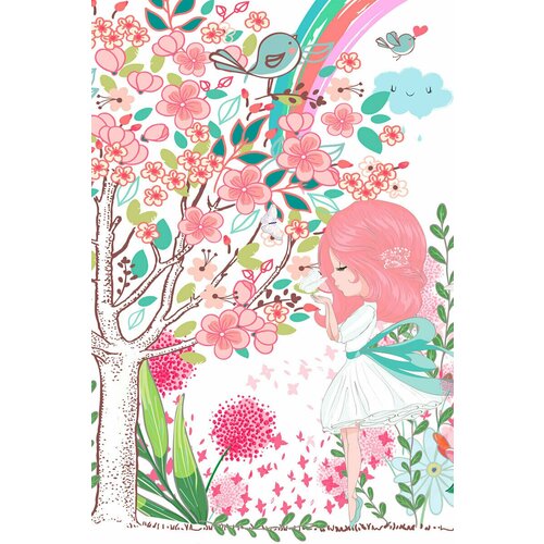 Моющиеся виниловые фотообои Рисунок. Девочка и цветущие деревья, 200х300 см