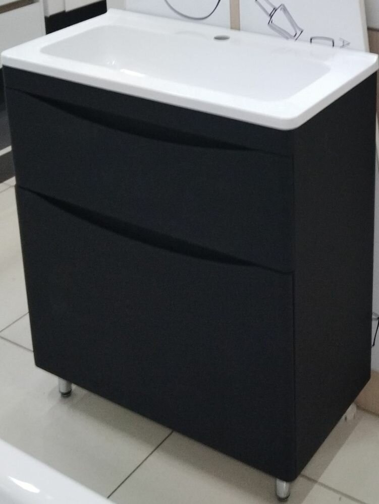 фото Тумба напольная Style Line "Бергамо мини 70" (2 ящ.) + Умывальник Каре Люкс мини 700х350 Люкс антискрейтч черный, PLUS