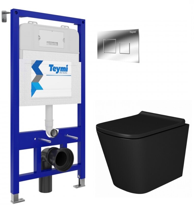 фото Комплект Teymi "Готовое решение": Инсталляция Aina 52 + клавиша смыва Kati хром + подвесной унитаз с микролифтом Helmi S черный матовый + крепеж