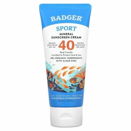 Badger Company, Sport, минеральный крем от загара, SPF 40, без запаха, 87 мл