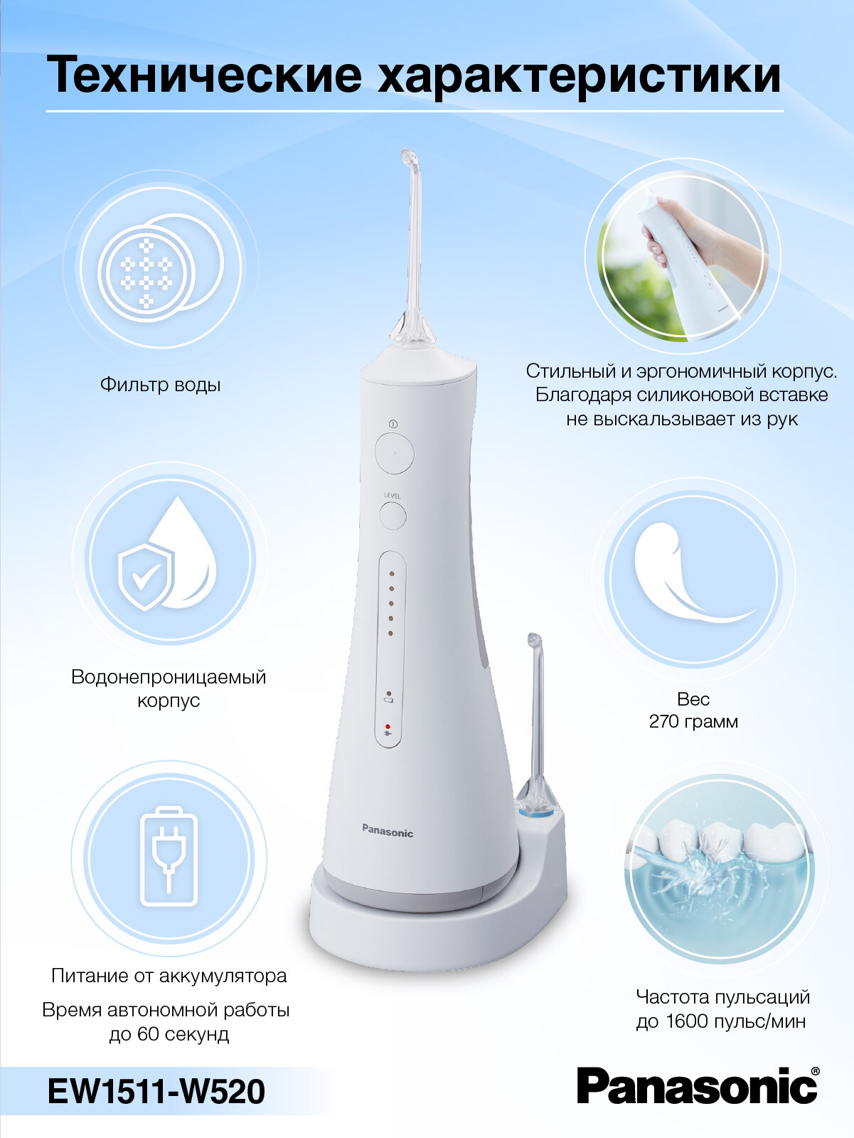 Ирригатор для полости рта Panasonic EW1511, 5 режимов работы — фото 1