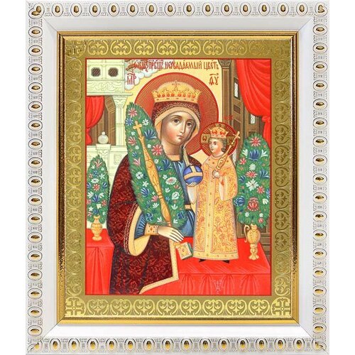 Икона Божией Матери Неувядаемый Цвет (лик № 035), в белой пластиковой рамке 12,5*14,5 см