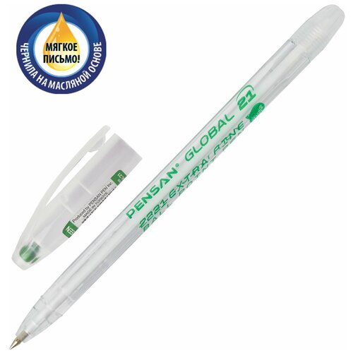 Ручка шариковая масляная PENSAN Global-21, зеленая, корпус прозрачный, узел 0,5 мм, линия письма 0,3 мм, 2221, 2221/12
