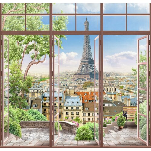 Моющиеся виниловые фотообои GrandPiK Франция Париж вид из окна, 300х290 см