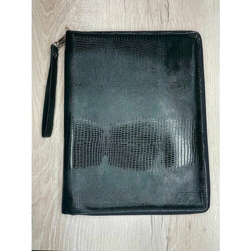 Папка для документов кожаная/Органайзер из кожи с файлами на кольцах семейный/Папка-конверт на молнии деловая ящер темно-зеленый