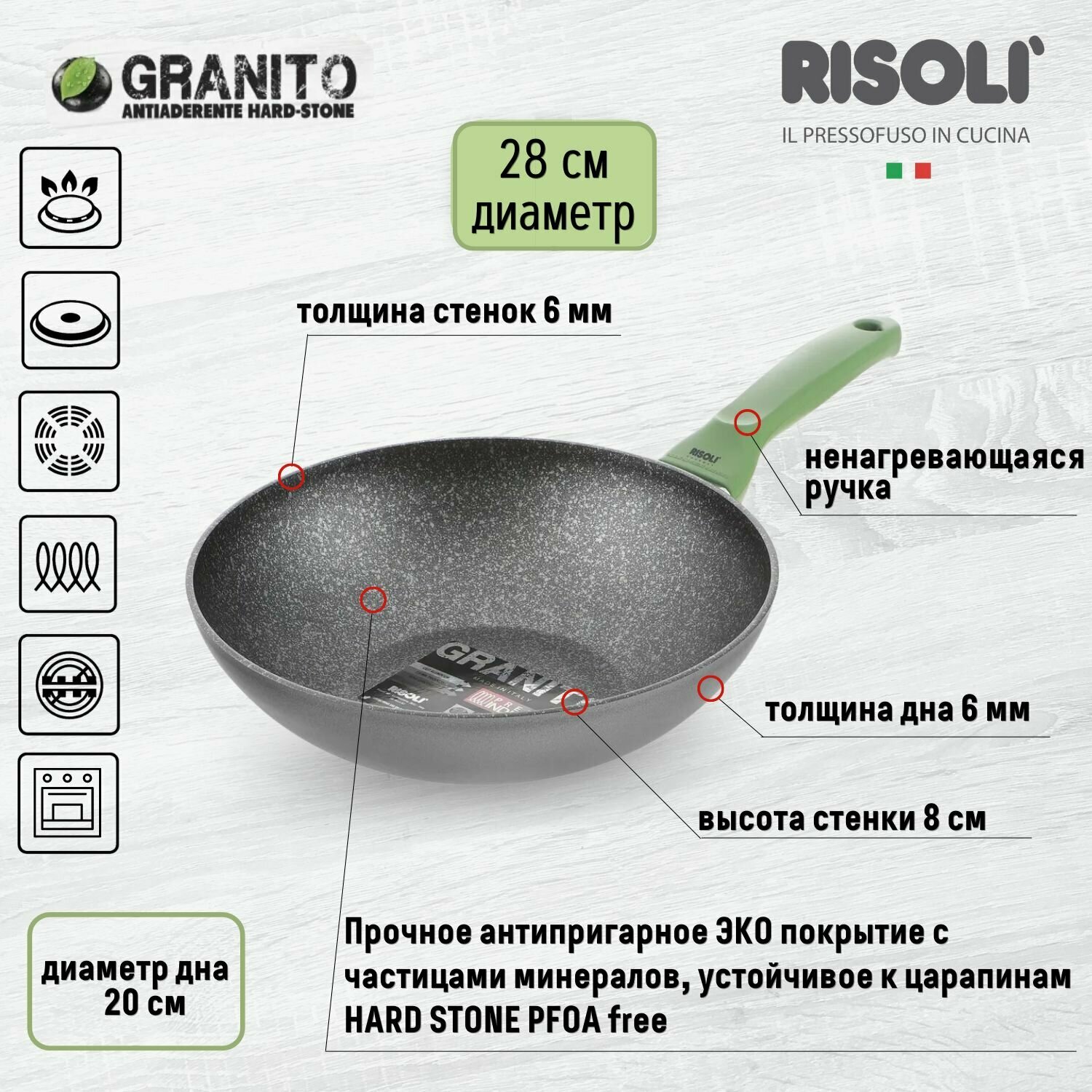 Сковорода-вок Risoli Granito-Green индукция 28 см - фото №1