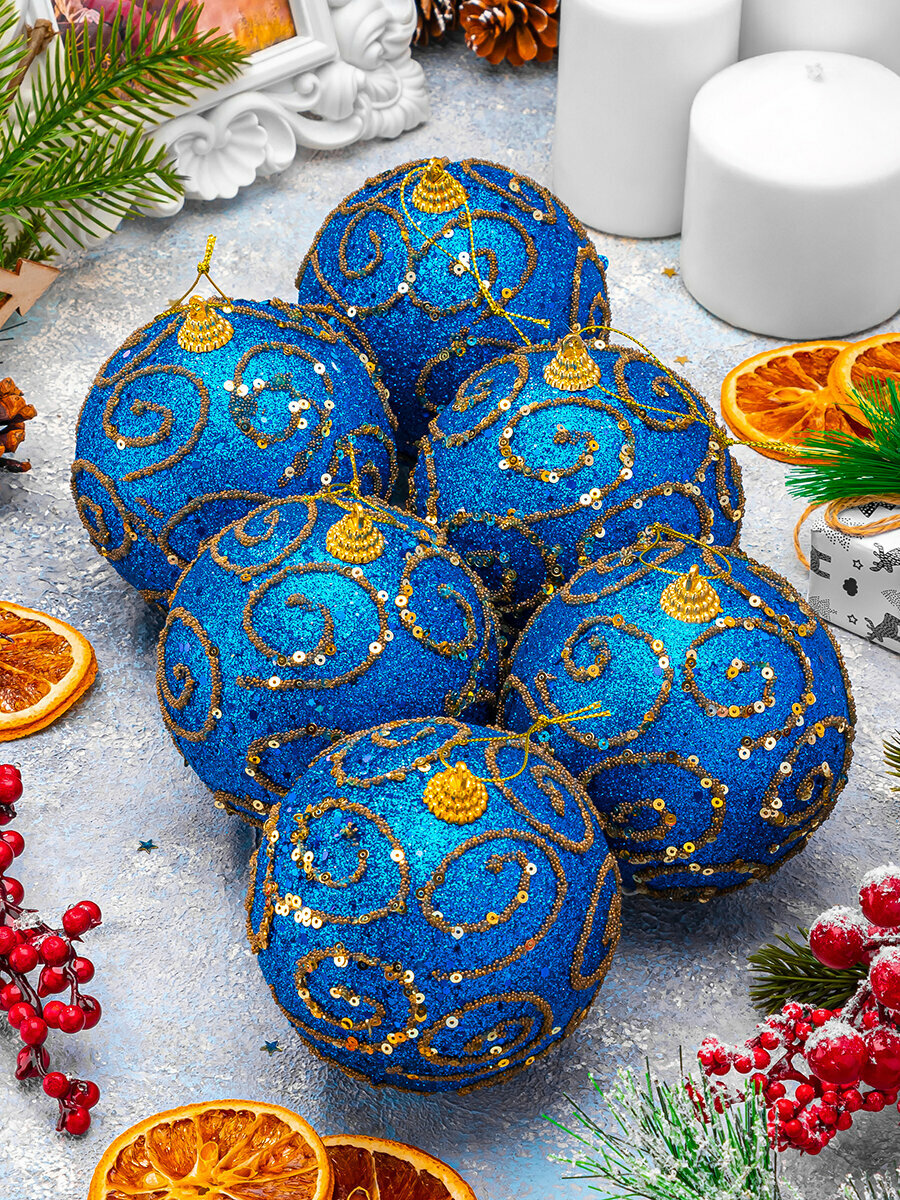 Набор 6 новогодних шаров 95х95 см Elan Gallery Вензеля синий
