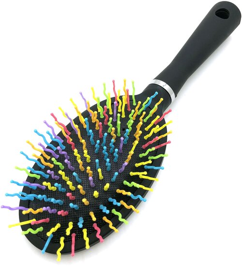 Расческа-щетка массажная для укладки волос черная с цветными зубчиками