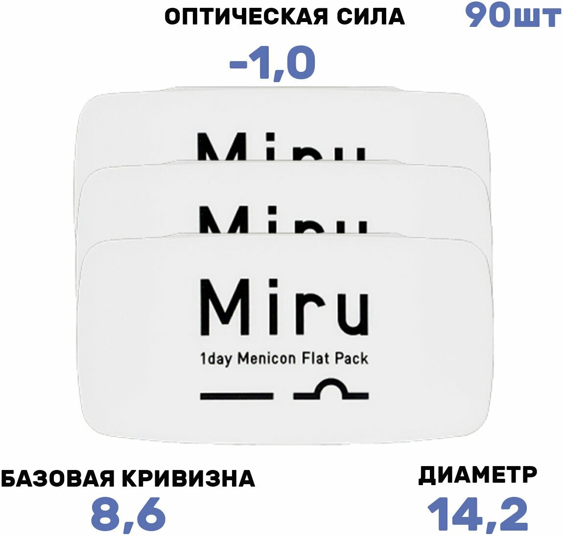 Контактные линзы MIRU 1 Day Menicon Flat Pack, Кривизна 8.6 Однодневные, -1.0 / 14.2 / 8.6, 3 упаковки по 30 шт.