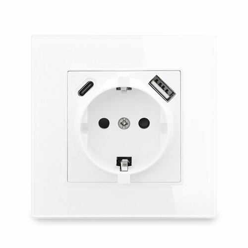Встраиваемая розетка Coswall CS-D1 16А + USB + Type C на 2, А в стеклянной белый рамке для стандартного круглого подрозетника