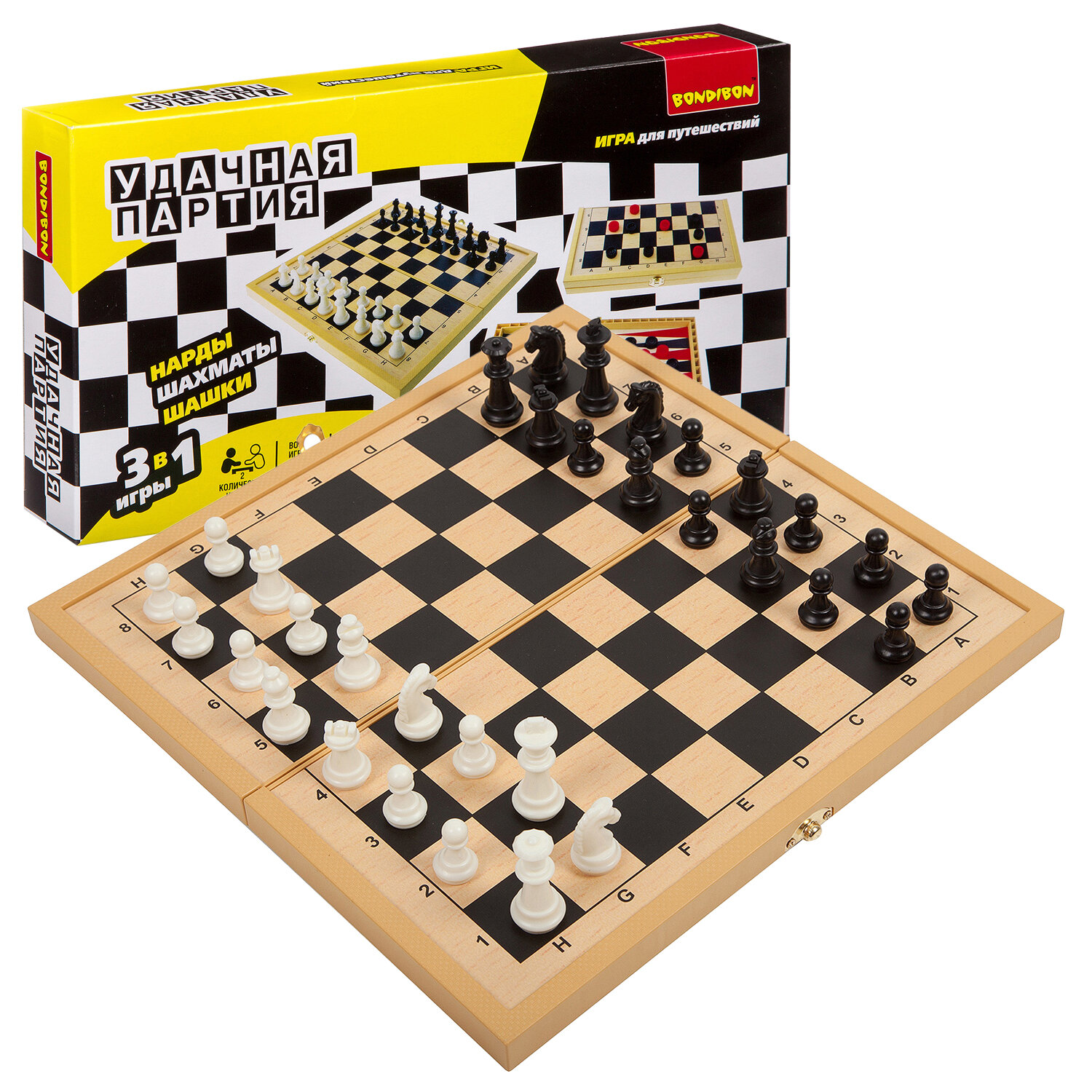 Настольная игра Bondibon Удачная партия 3 в 1, шахматы, шашки, нарды, ВВ3490