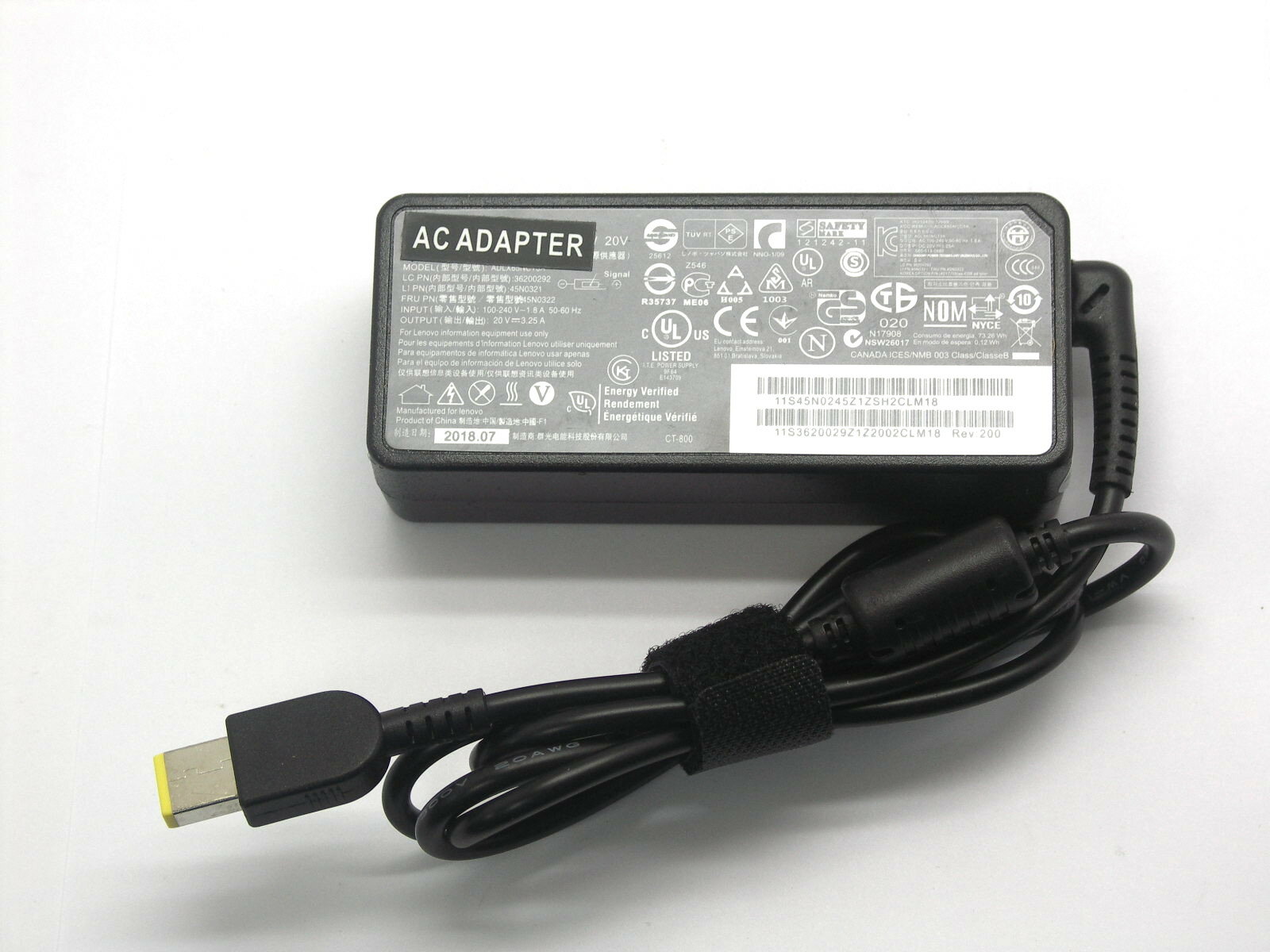 Блок питания для Lenovo 20V/3,25A 65W, разъем прямоугольный с иглой, с кабелем в розетку, ADP-LE-23