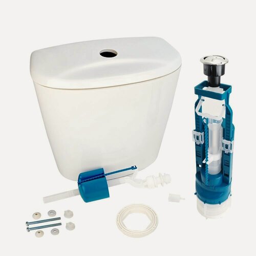 Изображение товара Бачок для унитаза Универсал кнопочный нижняя подводка Лобненский стройфарфор с арматурой Инкоэр (5-3-3-5, два уровня, кнопка хром)