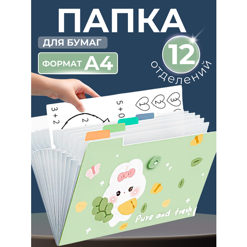 фото Папка органайзер canbi для бумаг и рисунков а4, 12 отделений, зеленый