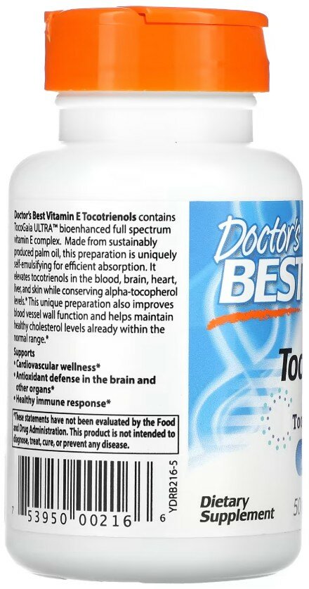 Изображение Doctor's Best, Vitamin E Tocotrienols with TocoGaia Ultra, Витамин Е токотриенолы, 50 мг, 60 желатиновых капсул