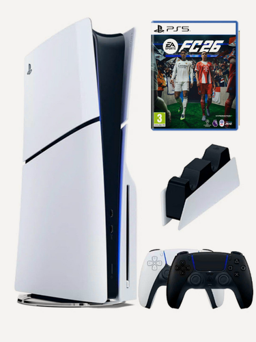 Изображение товара Игровая приставка Sony PlayStation 5 Slim, с дисководом, 1 ТБ, 2й геймпад черный, зарядная станция, Fifa 26