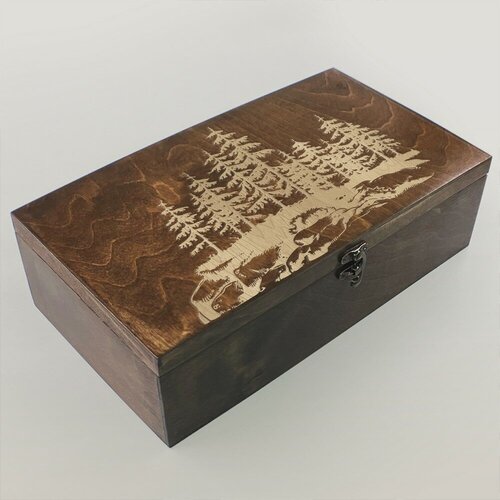 Коробка для чайных пакетиков из дерева, чайница большая, 4 отделения с узором пейзаж деревья - 1009