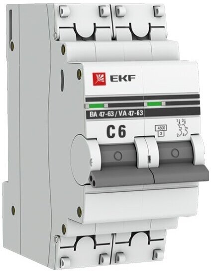 Автоматический выключатель Ekf 2п C 6А 4.5кА ВА 47-63 PROxima, mcb4763-2-06C-pro