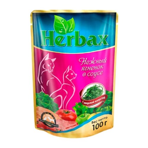 Влажный корм для кошек Herbax с ягненком, с морской капустой 24 шт. х 100 г (кусочки в соусе)