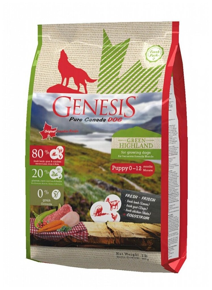 Genesis Pure Canada Green Highland Puppy для щенков, юниоров, беременных и кормящих взрослых собак всех пород с курицей, козой и ягненком 907 г