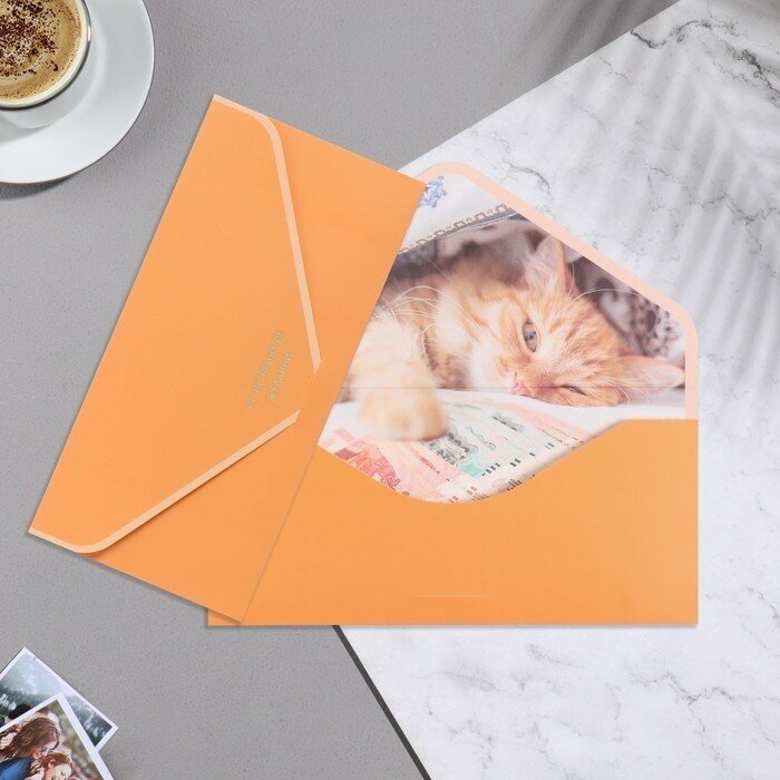 Стильная открытка Конверт для денег "На исполнение желаний!" бархат, оранжевый фон, 19х9,3 см