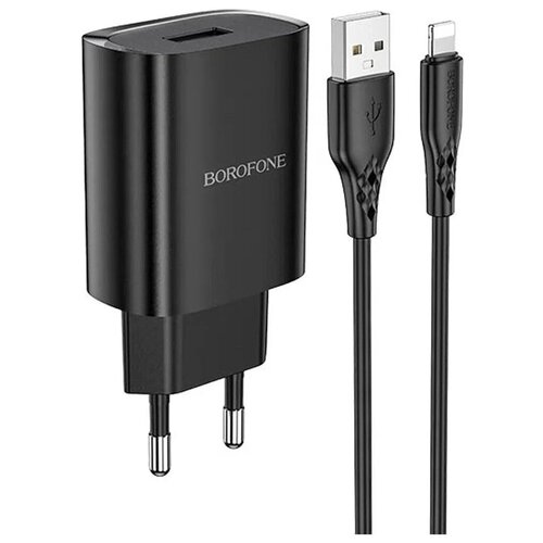 Блок питания сетевой 1 USB Borofone, BN1, 2100mA, пластик, кабель 8 pin, цвет: чёрный