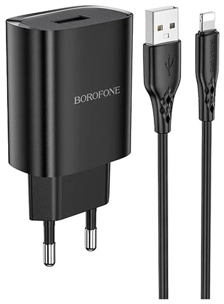 Блок питания сетевой 1 USB Borofone, BN1, 2100mA, пластик, кабель 8 pin, цвет: чёрный