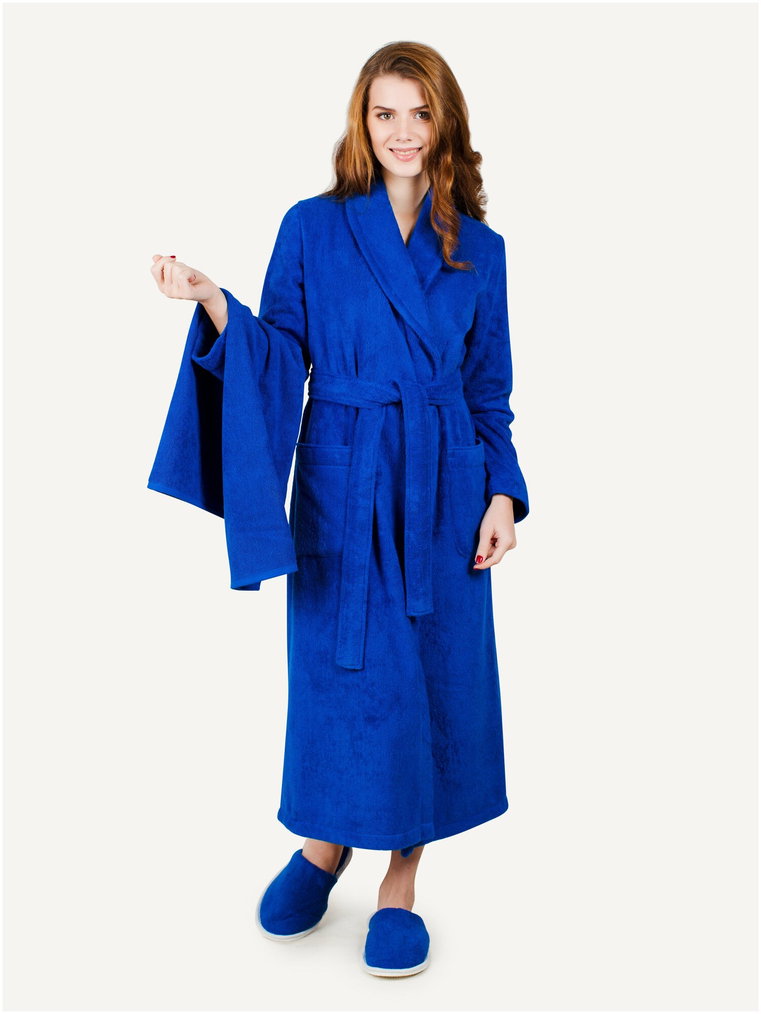 Женский махровый халат с шалькой, синий - фотография № 16