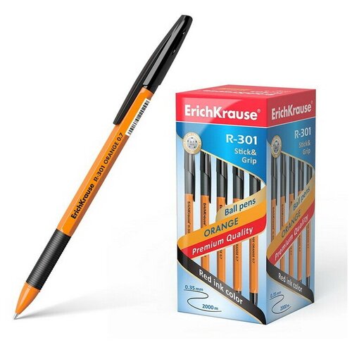 Ручка шариковая ErichKrause R-301 Orange Stick&Grip 0.7, цвет чернил чёрный (в коробке по 50 шт.) ручка шариковая erichkrause r 301 цвет чернил синий spring stick в упаковке 25 шт