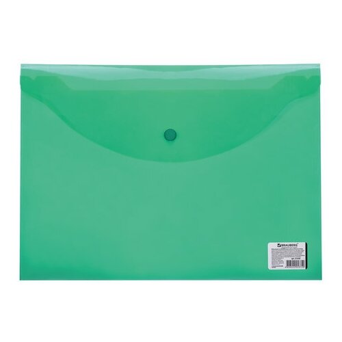 Папка-конверт на кнопке Brauberg (А4, до 100л, 150мкм, пластик) прозрачная зеленая (221635), 15шт. папка конверт а4 на кнопке до 100л прозрачная 0 15мм brauberg