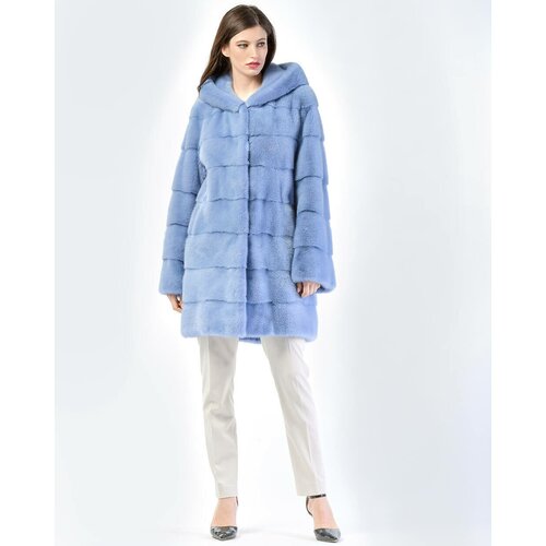Пальто Skinnwille, норка, силуэт прямой, капюшон, размер 36, голубой
