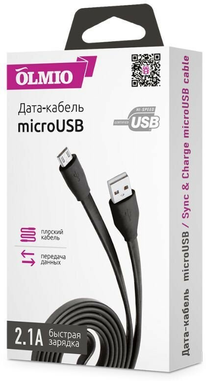 USB кабель Olmio 2.0 - microUSB, 1м, 2.1A Black - фото №6