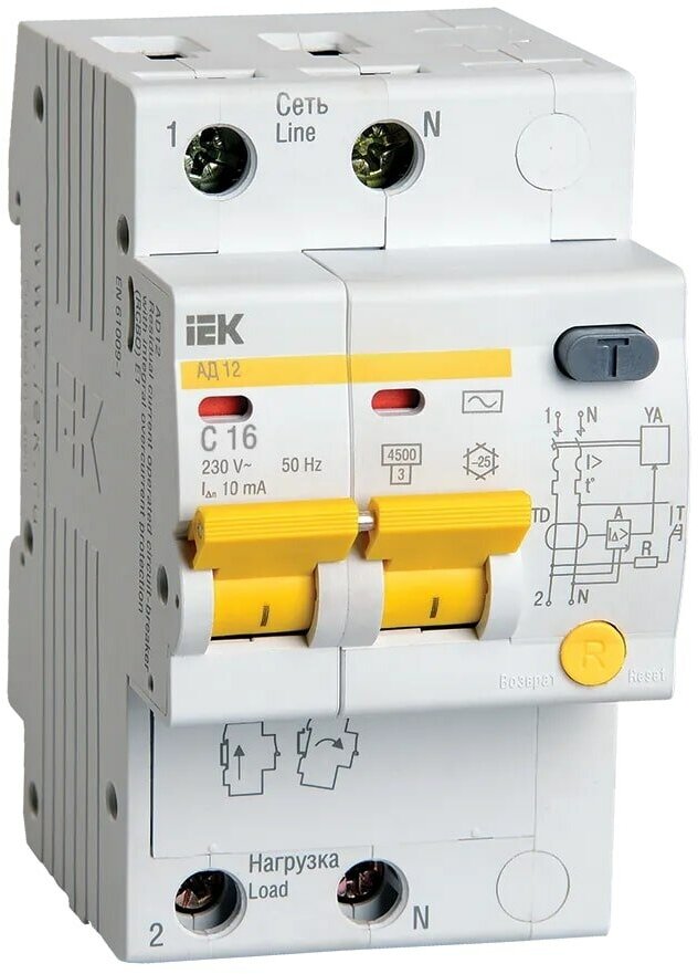 Дифференциальный автомат IEK АД 12 2П 10 мА C 4.5 кА AC 16 А