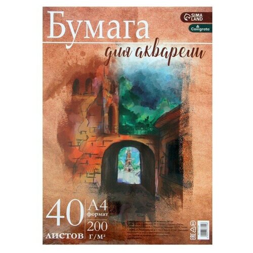 Бумага д/акварели А4, 40 листов, 200г/м2, для творчества в т/у плёнке бумага д акварели а1 10 листов 200г м для творчества в крафт бумаге calligrata 7777153