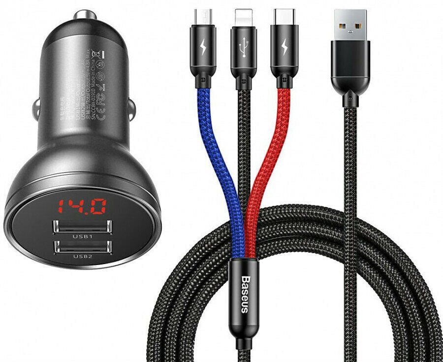 Автомобильный набор АЗУ Baseus Digital Display Dual USB + кабель Three Primary Colors 3 в 1 Cable USB 1.2 м, цвет Черный/Серый (TZCCBX-0G)