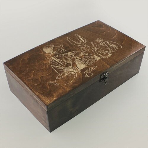 Коробка для чайных пакетиков из дерева, чайница большая, 4 отделения с узором Сказка Алиса в стране чудес - 1270