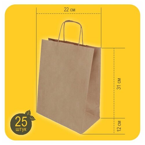 Крафт пакет бумажный с крученными ручками 22х12х31см, 25 шт.