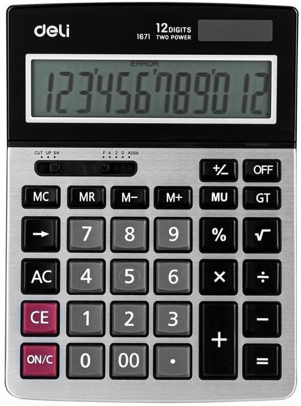 Калькулятор настоль. Полнораз. Deli E1671.12р, дв. пит, 185×135мм, металл, сереб