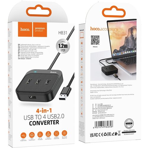 USB-концентратор HOCO HB31 Easy 4 гнезда кабель 12м 3 USB20 выхода 1 USB30 выход цвет чёрный 61800₽