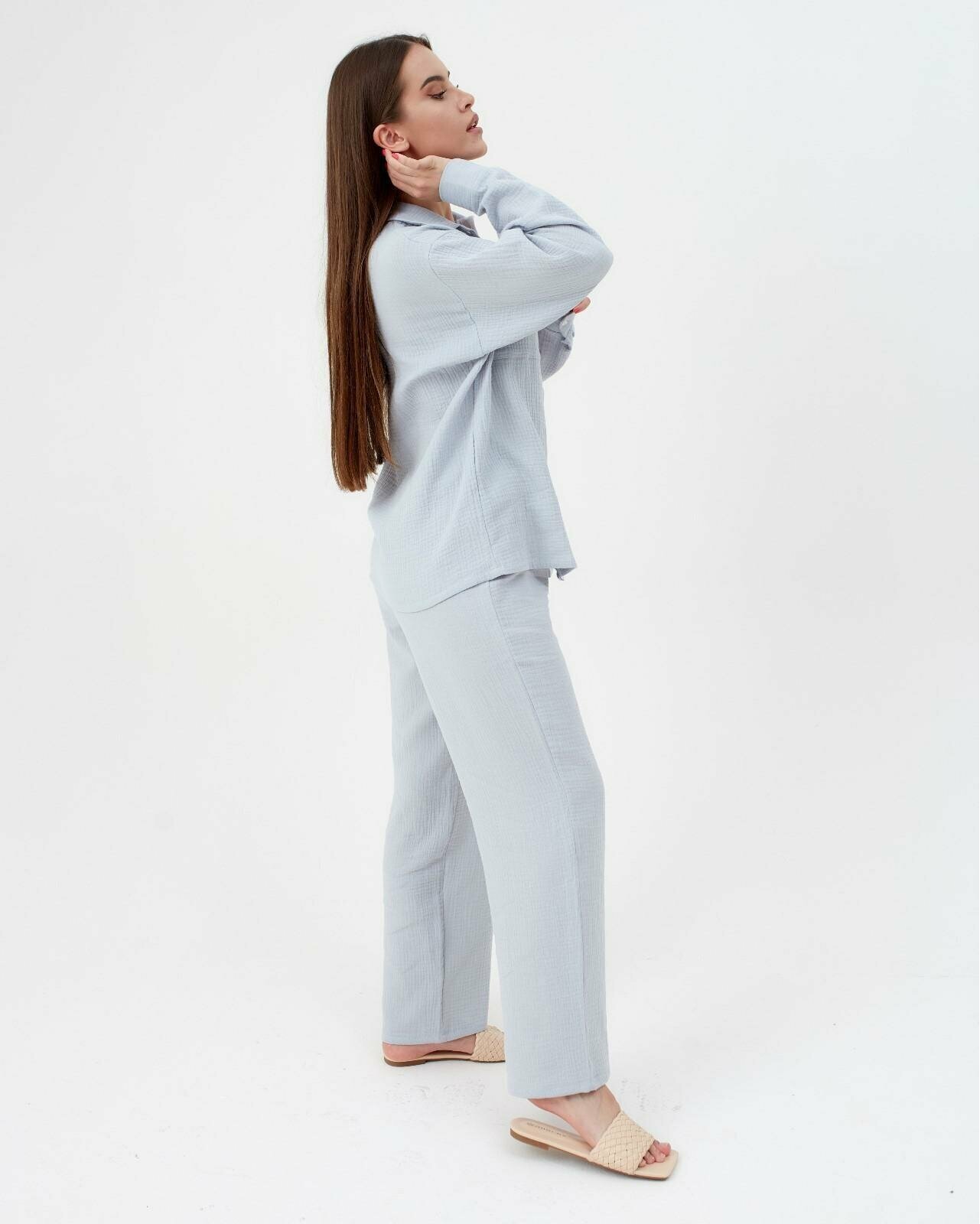 Пижама Kaftan, рубашка, брюки, длинный рукав, размер 52, серый - фотография № 3