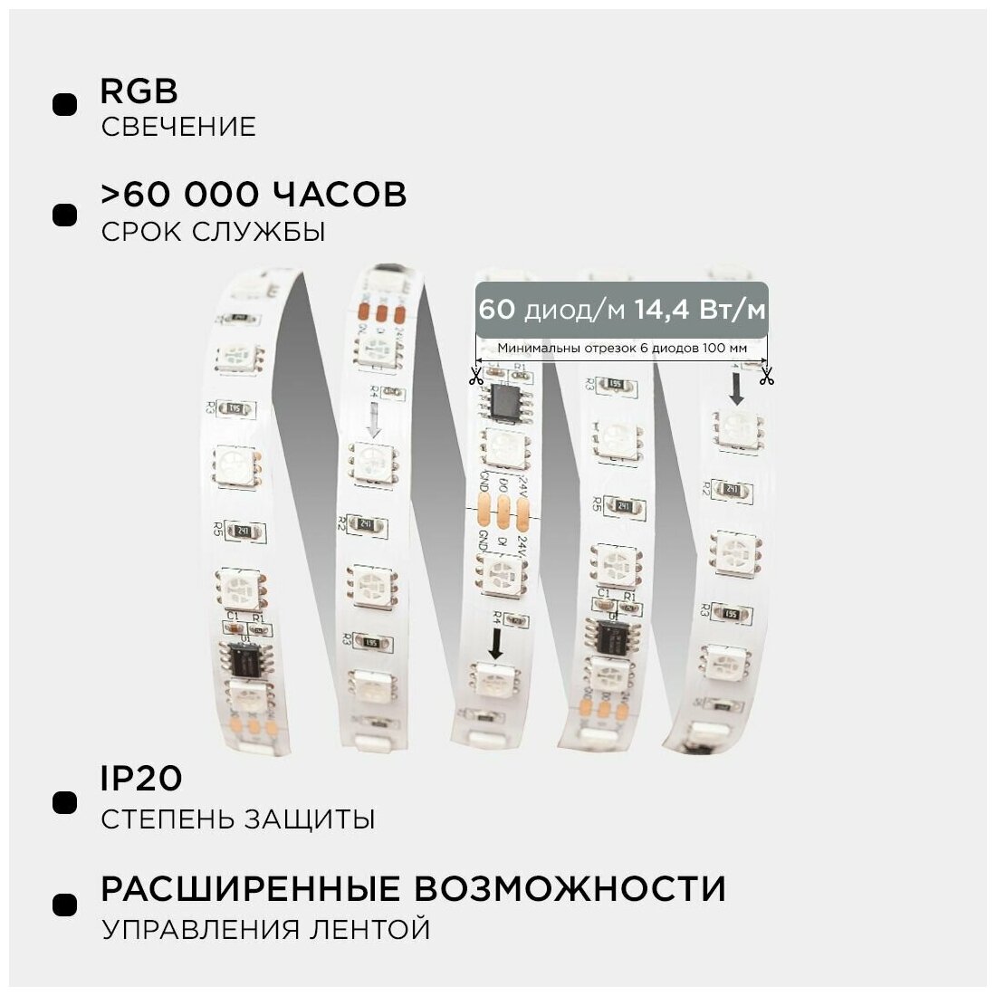 Комплект адресной светодиодной ленты Apeyron 24В, 14,4Вт/м, smd5050, 60д/м, IP20, ширина подложки 10мм, белая, 10м - фотография № 2