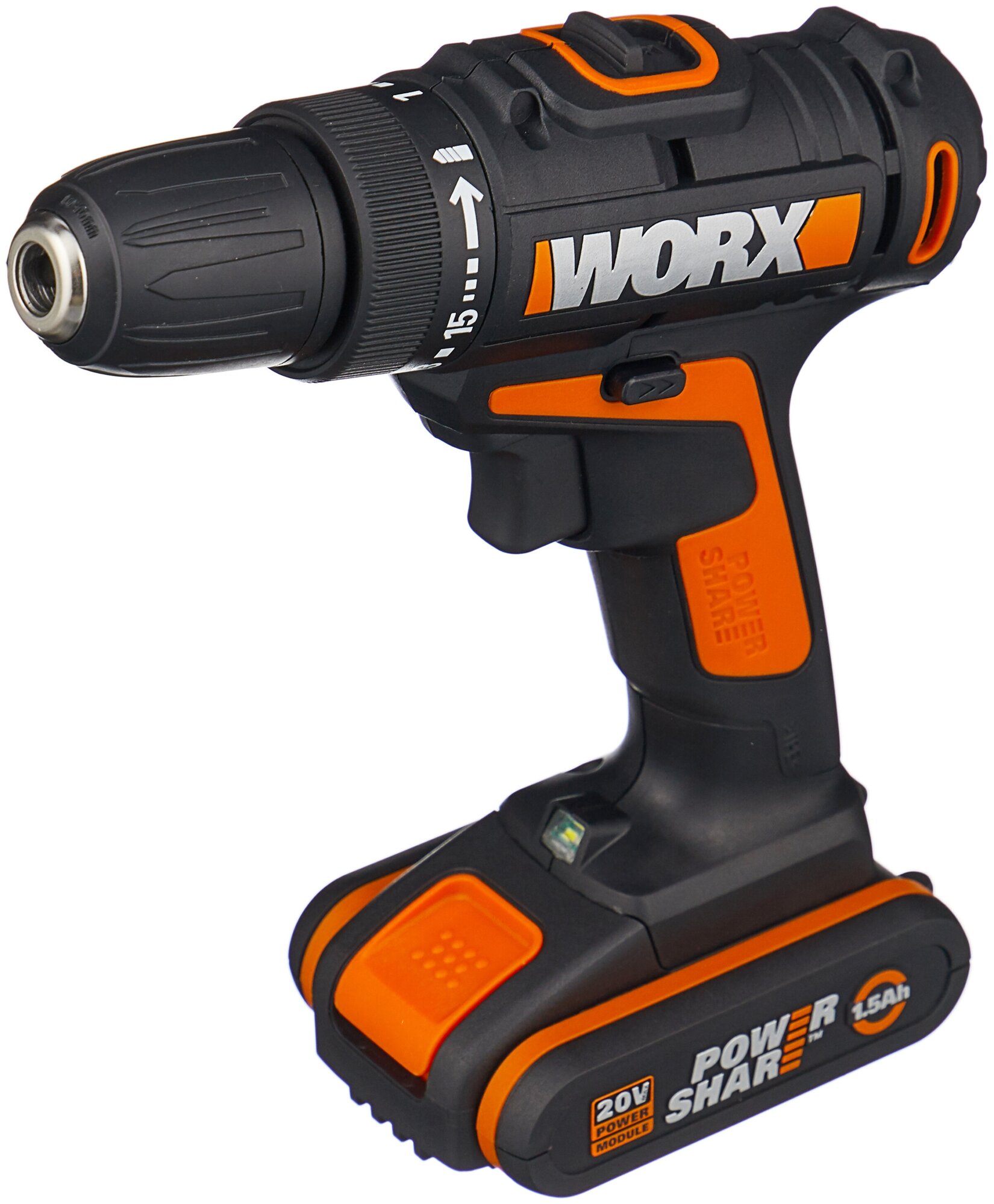 Дрель-шуруповерт WORX WX101 20V 30Нм аккумуляторная с двумя 1,5Ач батареями, 0,4А зарядкой и сумкой