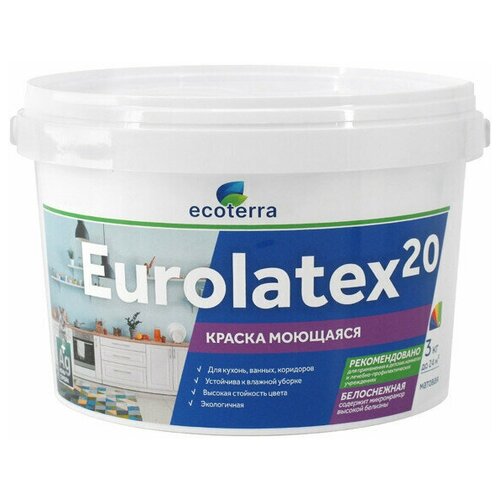 Краска акриловая ECOTERRA Eurolatex 20 для стен и потолков моющаяся 3кг белая, арт. ЭК000135296