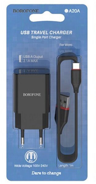 Сетевое зарядное устройство+кабель Type-C Borofone BA20A Sharp, 1USB, 2.1A, черный (02142) - фото №19