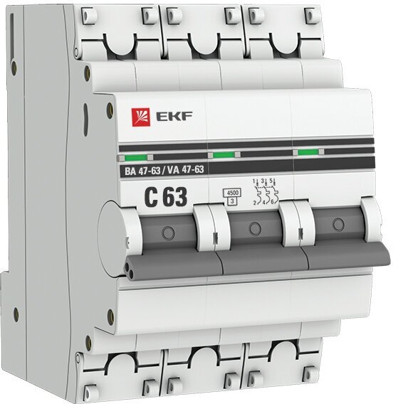 Автоматический выключатель EKF 3P 63А (C) 4,5kA ВА 47-63 EKF PROxima 1 штука