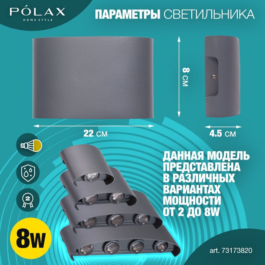 Светильник настенный уличный Polax 8W серый теплый/ Бра уличный/ Светильник светодиодный для дома/ LED светильник настенный/ Светильник для интерьера