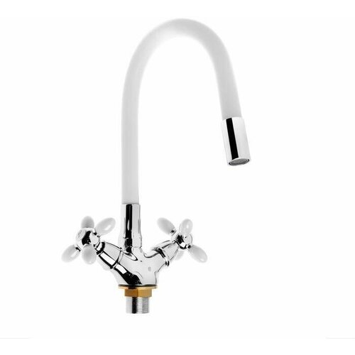 Смеситель для кухни раковины воды A4882G-1 двухвентильный с гибким изливом белый 6744₽