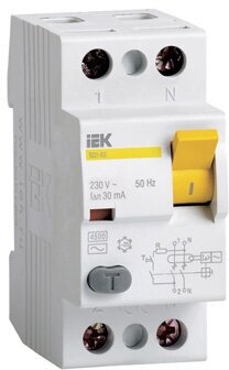 Дифференциальный выключатель нагрузки УЗО ВД1-63 2 полюса, 50А, Тип AC, 30мА | код. MDV10-2-050-030 | IEK (4шт. в упак.)
