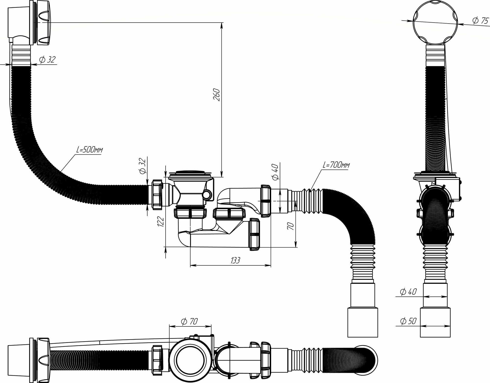 Aquant Сифон для ванны 1 1/2"х40 регулируемый с металлической решеткой перелив-полуавтомат ручка хром с гофротрубой 40х40/50 (V312-18-MR) — фото 1